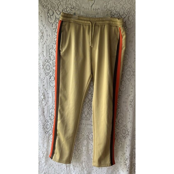 Jian Wang XL Men's 2 Pc Retro Zip Up Pockets Beige Striped Trim Track Suit - Picture 9 of 11